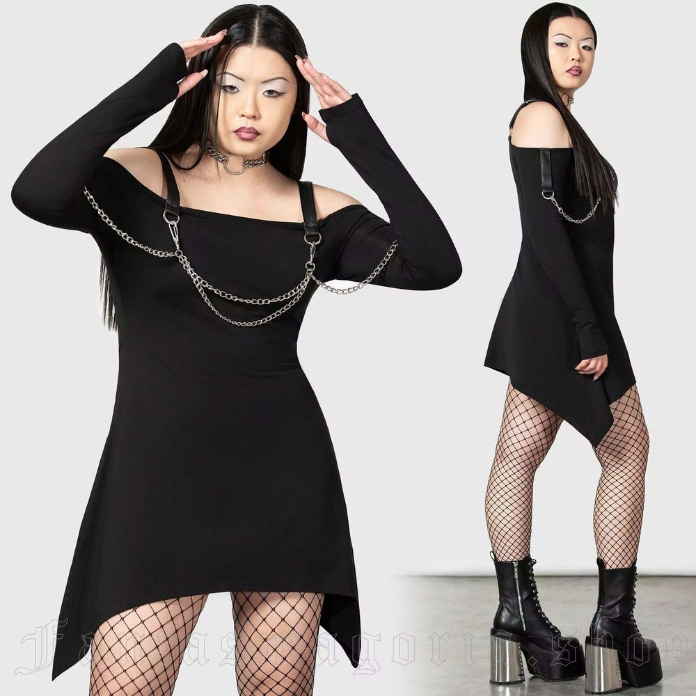Killstar Pleasuring Chain black mini dress sharkbite hanky hem - Picture 3 of 3